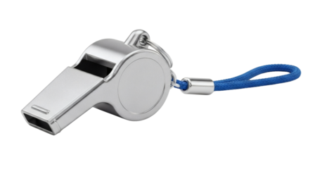 Buy silver metal whistle with blue lanyard for sports coach referee training tool on transparent background