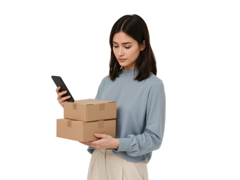 Young woman using smartphone while holding two cardboard boxes with transparent background