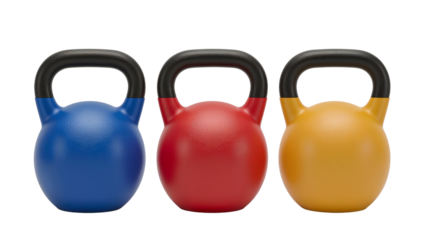 A vibrant array of kettlebells in blue, red, and yellow, set against a stark background with an