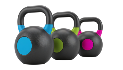 Three colorful kettlebells in a row showcasing fitness equipment on an isolated backdrop
