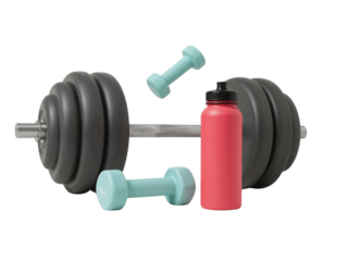 Isolated gym equipment including dumbbells, barbell, and water bottle against a transparent space