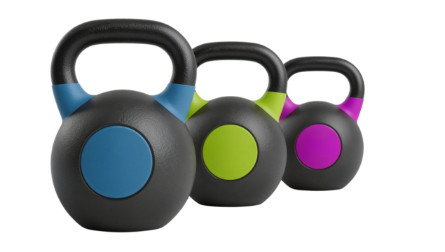 Dynamic trio of kettlebells symbolizing fitness diversity on a clean isolated space