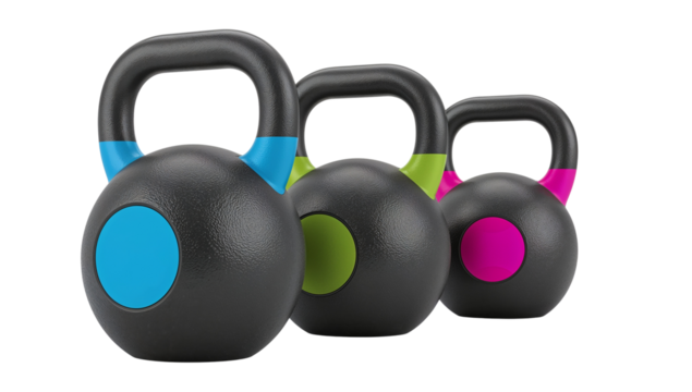 Three colorful kettlebells in a row showcasing fitness equipment on an isolated backdrop