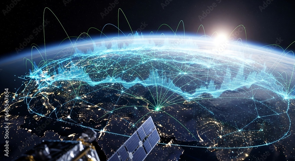 Poster global network and data connections from space satellite.