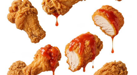 Delicious crispy fried chicken wings drizzled with spicy red sauce appetizing food photography