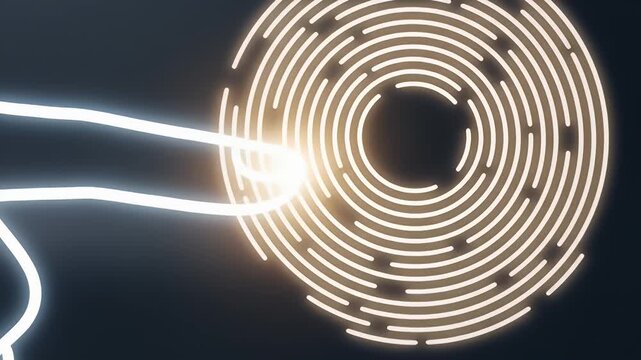 A fingertip hovers over a neon fingerprint spiral; the spiral scans, a ring completes, and a padlock closes with a discreet, textless flare