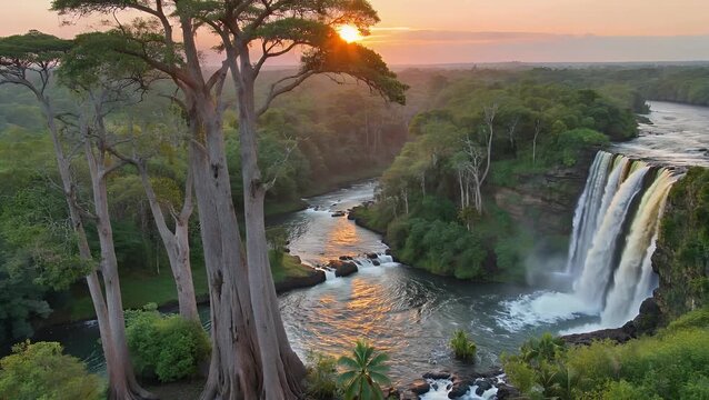 high quality 4k footage presents a magnificent aerial view at victoria falls the zambezi river with glowing sunset light over the tropical forest landscape featuring waterfalls scenic rivers exotic