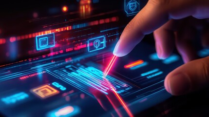 A finger interacting with a futuristic touch screen interface with neon lights and digital icons