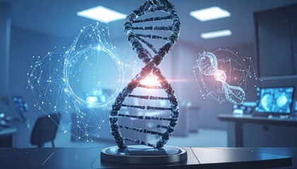 3D DNA double helix model on a pedestal in a futuristic lab with holographic elements