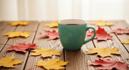 Turquoise Coffee Mug Filled with Hot Beverage on Wooden Table Surrounded by Autumn Maple Leaves
