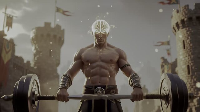 Muscular man lifting a barbell in front of a medieval castle, digital brain graphic on forehead, wearing armor, sepia toned, strong light source from above.