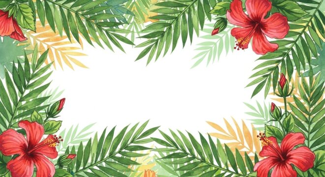 Tropical Hibiscus Flowers and Green Leaf Border Design for Invitations or Decor - Powered by Adobe