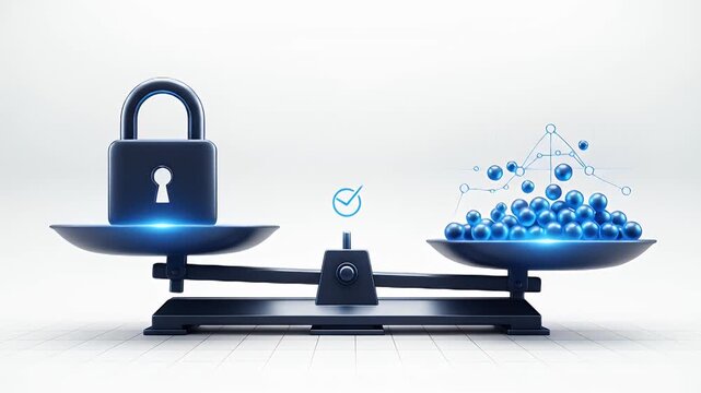 An icon balance pits a padlock against flowing data dots; transfers settle, the arm levels, and a micro check affirms a fair privacy posture