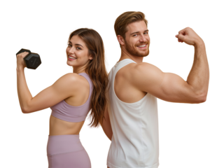 Athletic man and woman showcasing muscles and strength after workout with isolated transparent