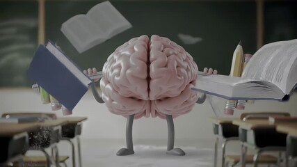 Animated brain lifting books and pencils like weights in a learning environment with desks and a writing board, symbolizing learning and education in a digitally rendered environment. - Powered by Adobe