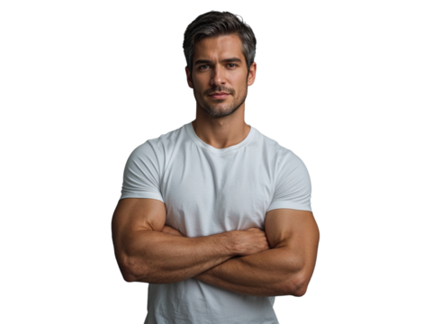 Confident muscular man with crossed arms portrait on a clean isolated background