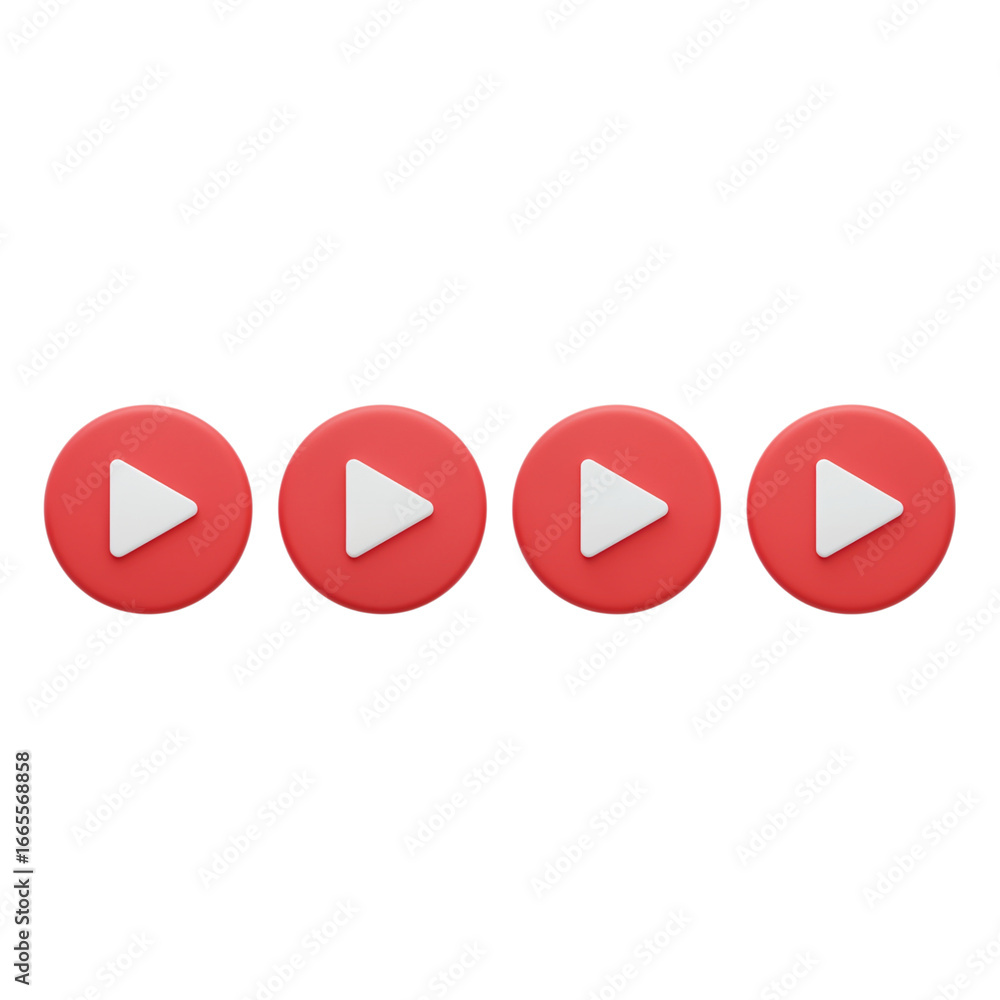 Aufkleber four bright red circular play buttons with white triangles arranged in a horizontal line isolated on