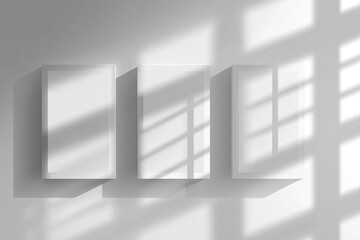 Obraz premium Three blank rectangular boxes cast in shadow on a white wall. Sunlight streams through a window, creating a pattern of shadows