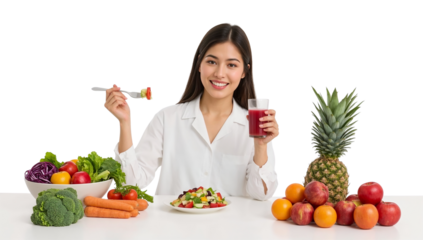 Smiling woman enjoying a fresh healthy meal with a vibrant fruit and vegetable medley