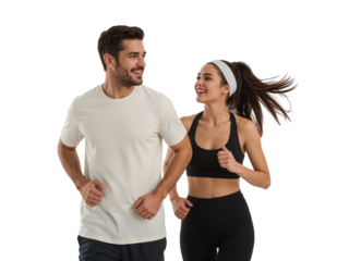 Athletic couple running side by side on a run enjoying a healthy and happy lifestyle isolated