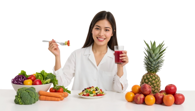 Smiling woman enjoying a fresh healthy meal with a vibrant fruit and vegetable medley