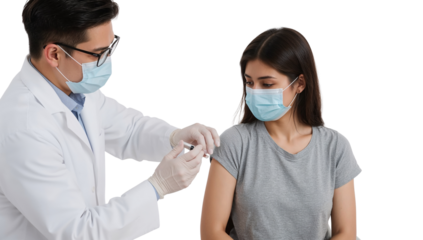 Doctor administering vaccine injection to patient on isolated transparent layer providing