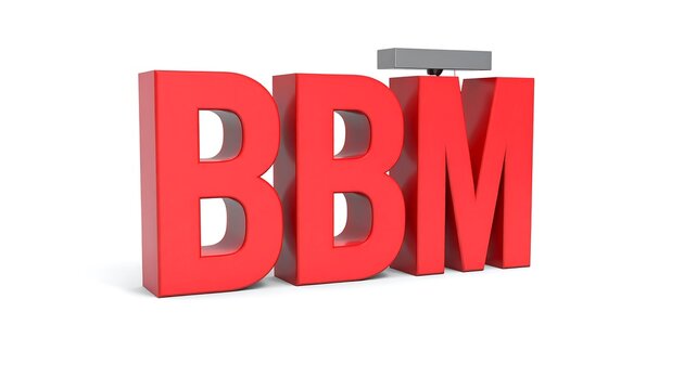Red 3D letters spelling out BBM, with a small gray object on top, displayed against a plain white background.