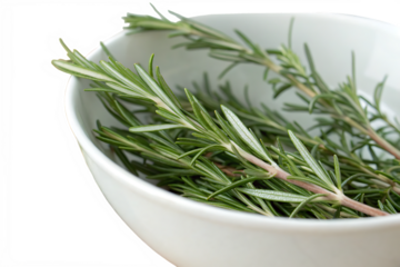 Fresh rosemary sprigs in a white bowl, showcasing aromatic herbs perfect for culinary use and natural seasoning in cooking  on AI generated by PNG