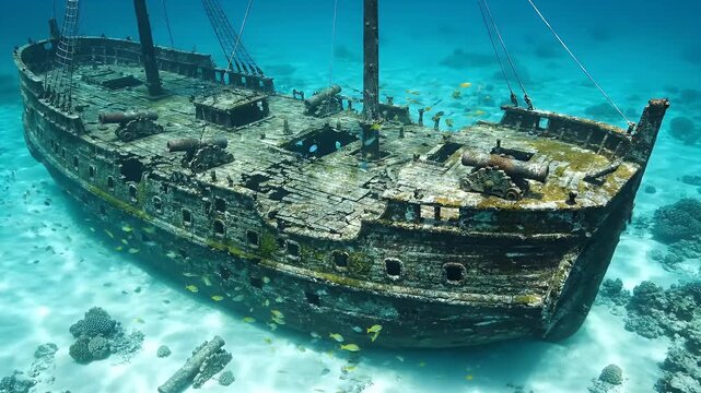 Sunken wooden ship rests on ocean floor, partially covered in marine life.