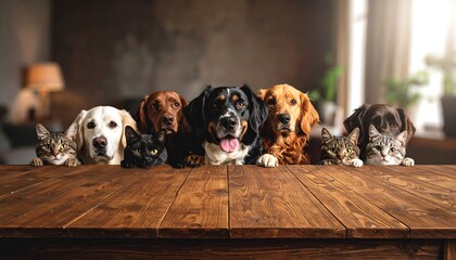 Fototapeta na wymiar Adorable pets of various breeds gathered together, peering over a rustic wooden table, creating a warm and inviting scene.
