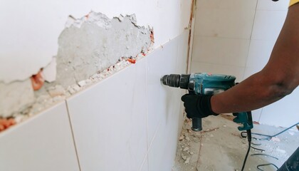 A person in work gloves uses a drill to make a hole in a tiled wall during renovation.