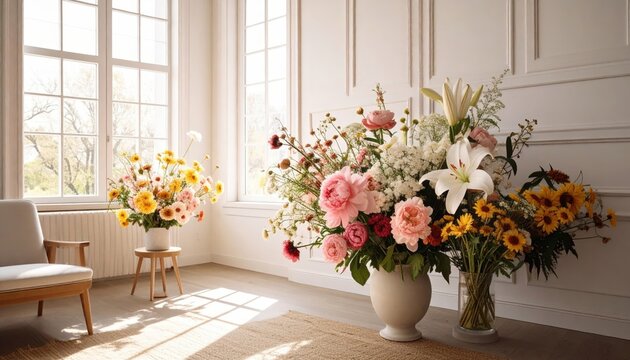 Vibrant mixed flower bouquets in elegant vases by sunlit window in a bright room - Powered by Adobe