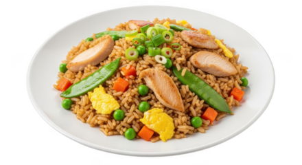 Delicious chicken fried rice dish with fresh vegetables and scrambled egg