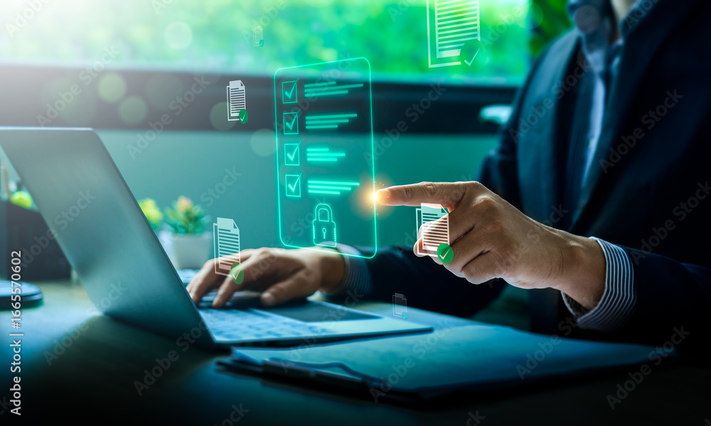 Poster business compliance and digital document security concept with businessman using laptop and holograp