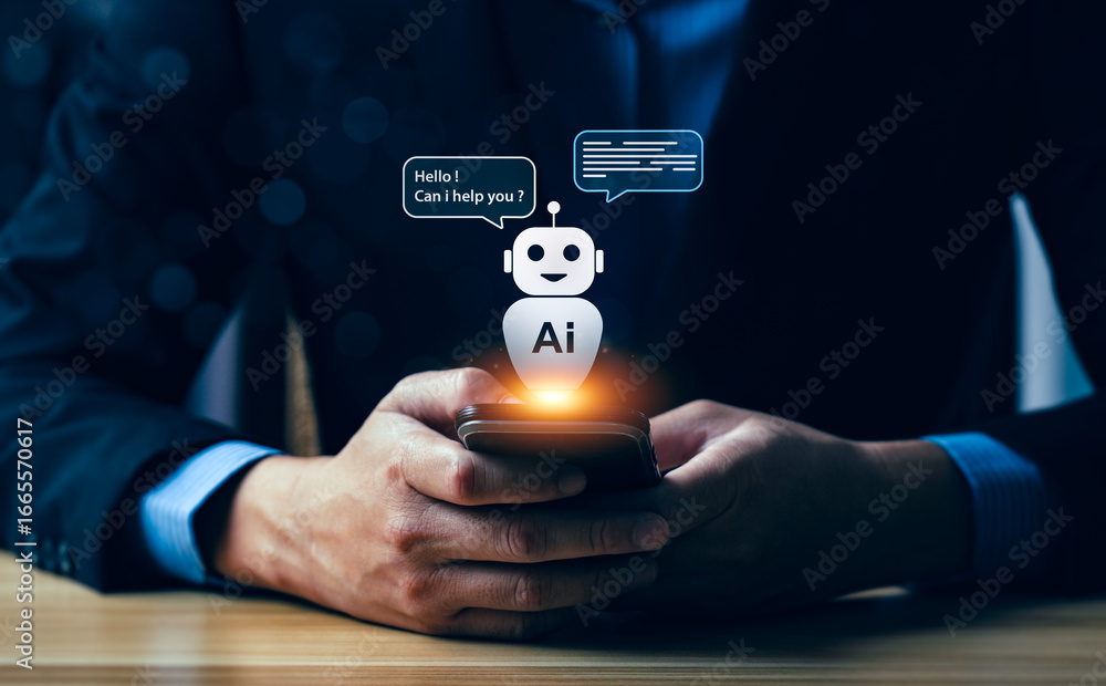 Poster artificial intelligence chatbot on smartphone screen with virtual assistant, ai customer support, bu