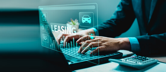 Businessman using digital leasing platform for car and property rental contract, online finance management, financial agreement, asset leasing, and modern investment service concept