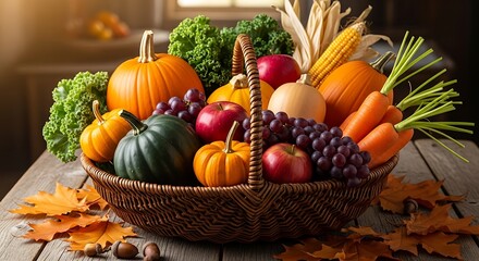 Autumn Harvest Basket with Colorful Fruits and Vegetables.