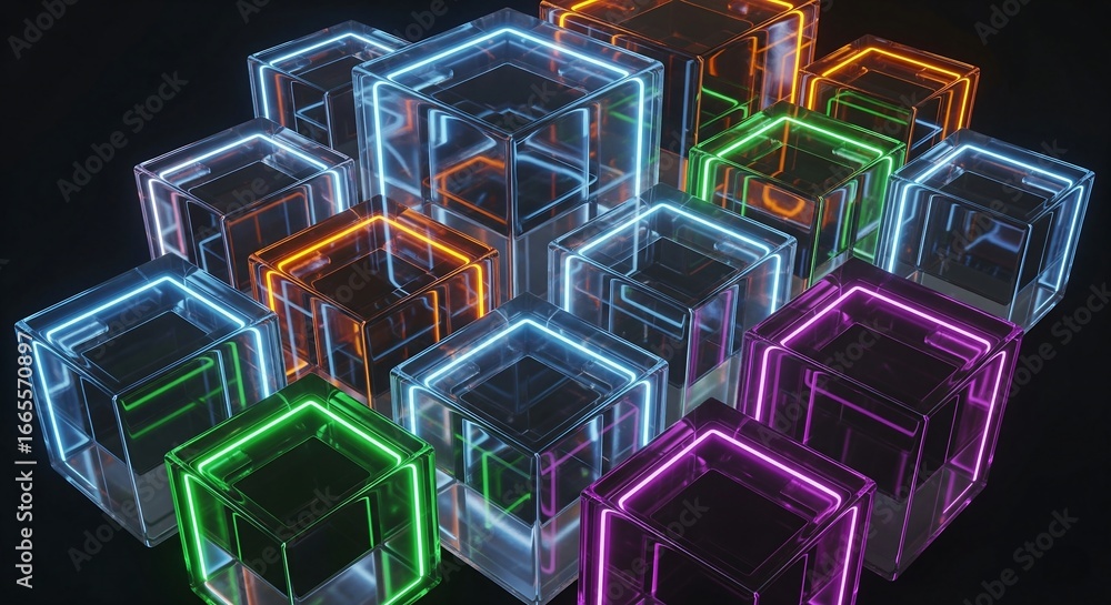 Poster abstract 3d render of glowing neon cubes with glassy texture on a dark background.