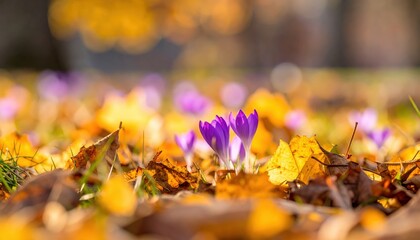 Low-angle shot of purple crocuses emerging amongst golden autumn leaves in soft sunlight