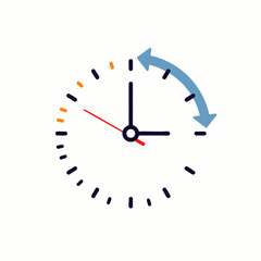 A clean graphic illustration of a clock with a blue curved arrow, symbolizing efficient time management, historical review, and the refreshing of past events or schedules.