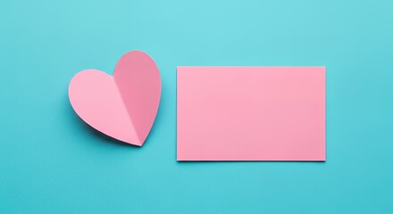 Pink Heart and Pink Note Card on Bright Blue Background for Love and Romance Concepts