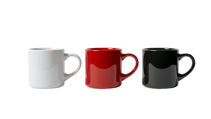 Harmonious trio of colorful coffee mugs on a transparent minimalist background, showcasing clean