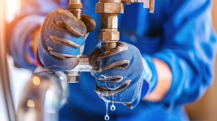 Plumber's gloved hands fixing a leaking water pipe, with drops of water dripping. Home repair and plumbing service.