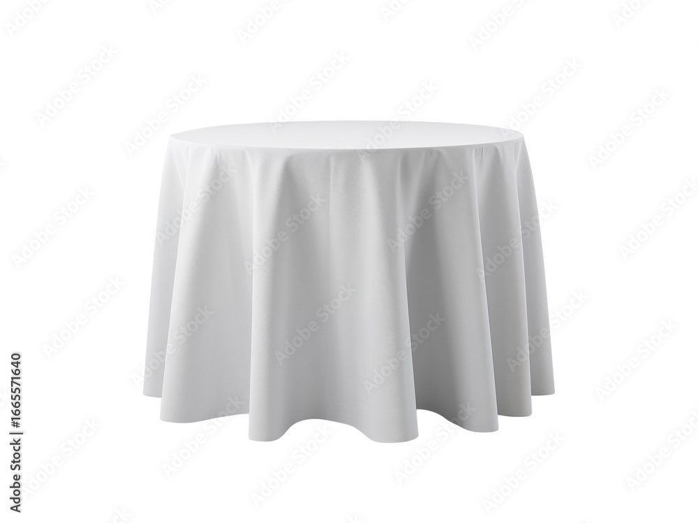 Poster elegant round table draped with pristine white linen against a seamless transparent void
