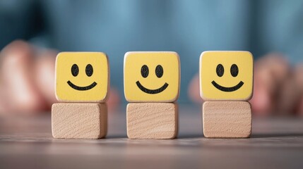 Three wooden blocks with smiley faces on them, stacked on a wooden block.