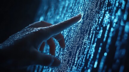A hand touching a screen displaying binary code with a blue light illuminating the data stream