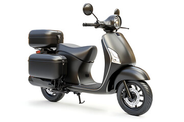 Sleek black scooter with dual storage compartments, perfect for urban commuting and stylish travel needs.