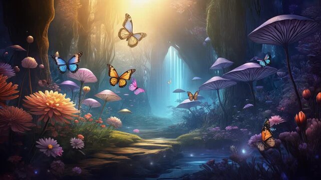 Enchanting forest with butterflies flitting among flowers and glowing mushrooms in magical light