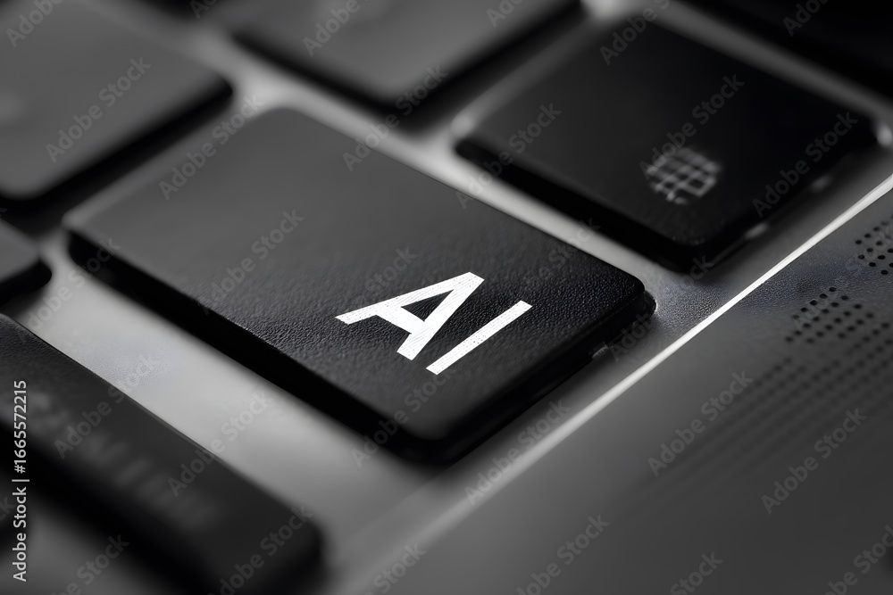 Poster textured black computer key with white ai letters in a monochrome close-up.