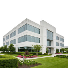 Modern white office building exterior with landscaped gardens under a clear sky transparent background
